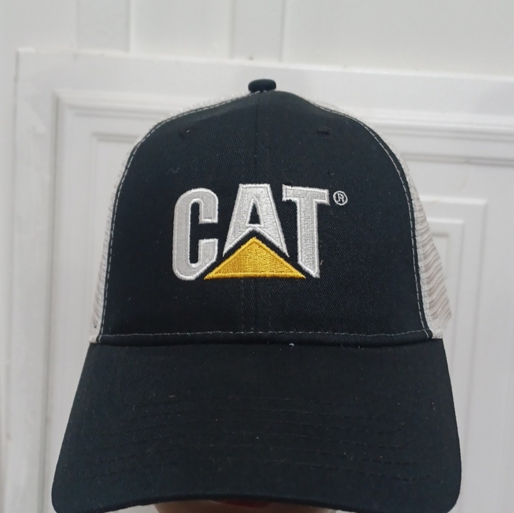 CAT Embroidered Logo Black Yellow Cotton Mesh Trucker Snapback Baseball Hat Cap.